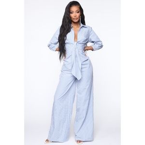 Fashion Nova long sleeve striped wide leg jumpsuit